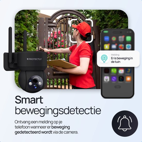 Zwarte Protectly beveiligingscamera buiten, detecteert beweging en stuurt meldingen naar een smartphone.