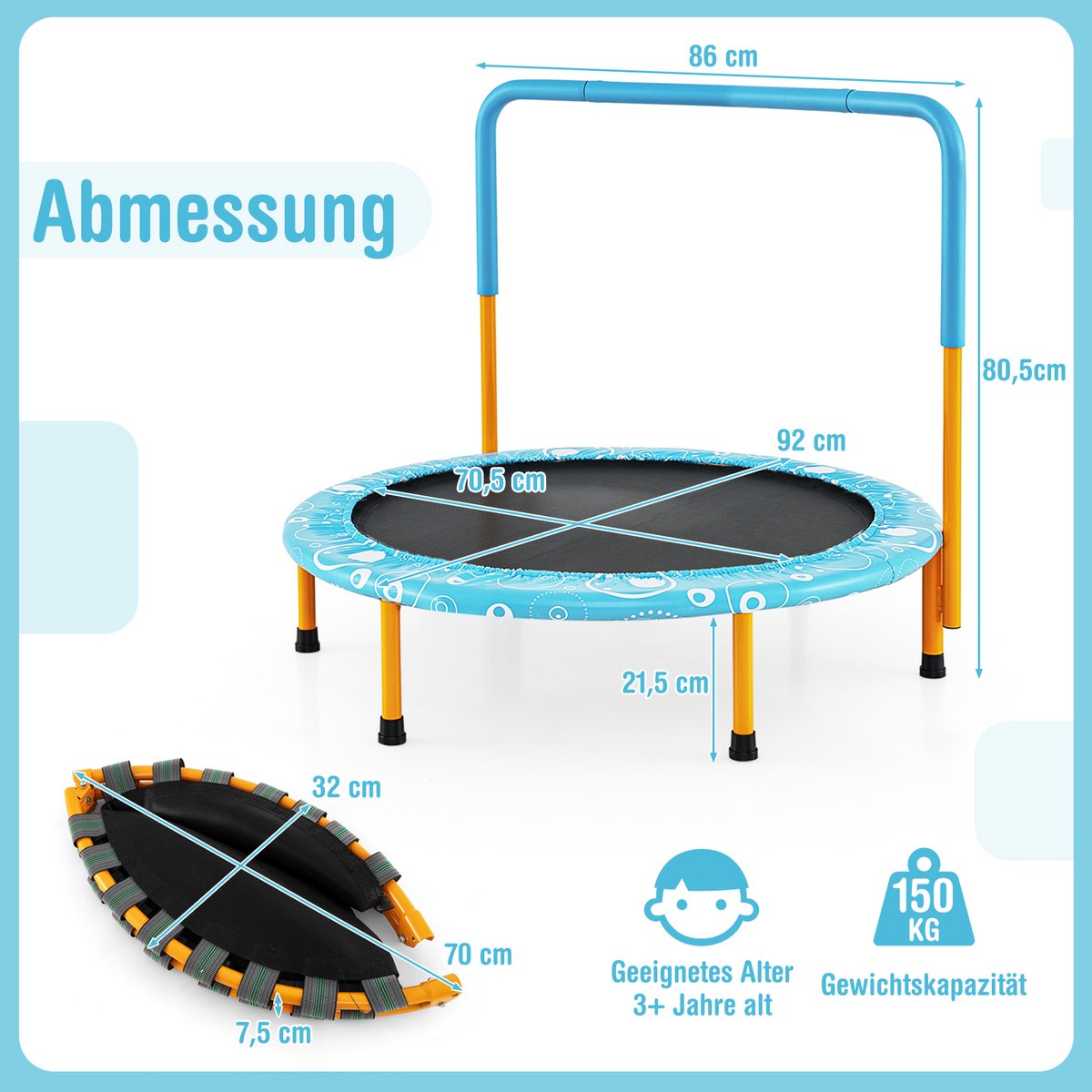 COSTWAY φ92 cm mini-trampoline, opvouwbare fitnesstrampoline, kindertrampoline tot 150 kg belastbaar, tuintrampoline, indoor- en outdoortrampoline — afbeelding 5