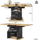 Afmetingen van de uitschuifbare eettafel met houten blad, zwart opbergmeubel, lades en kast.