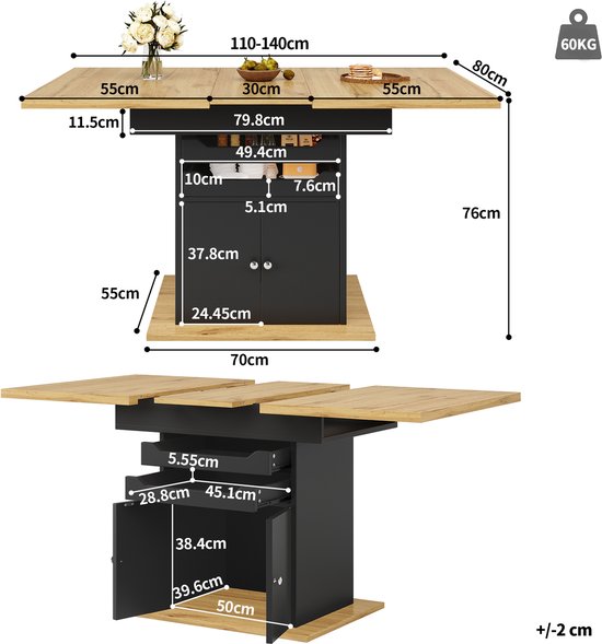 Afmetingen van de uitschuifbare eettafel met houten blad, zwart opbergmeubel, lades en kast.