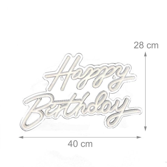 Een "Happy Birthday" tekstbord van 40x28 cm met een metallic rand.
