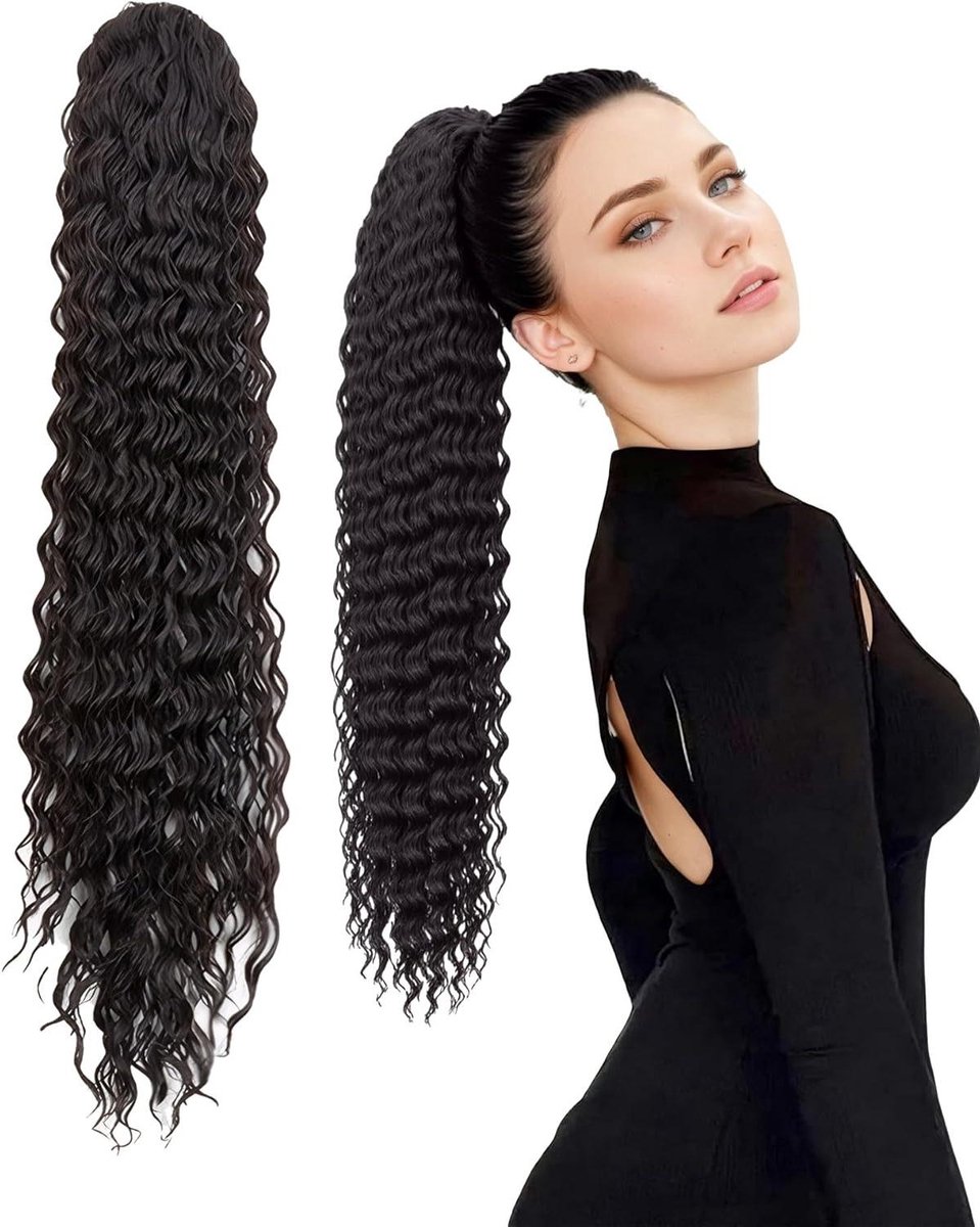 Provento - Golvende Pruiken Vrouwen 60 cm Krullend Paardenstaart Haar Scrunchies Natuurlijk Zwart