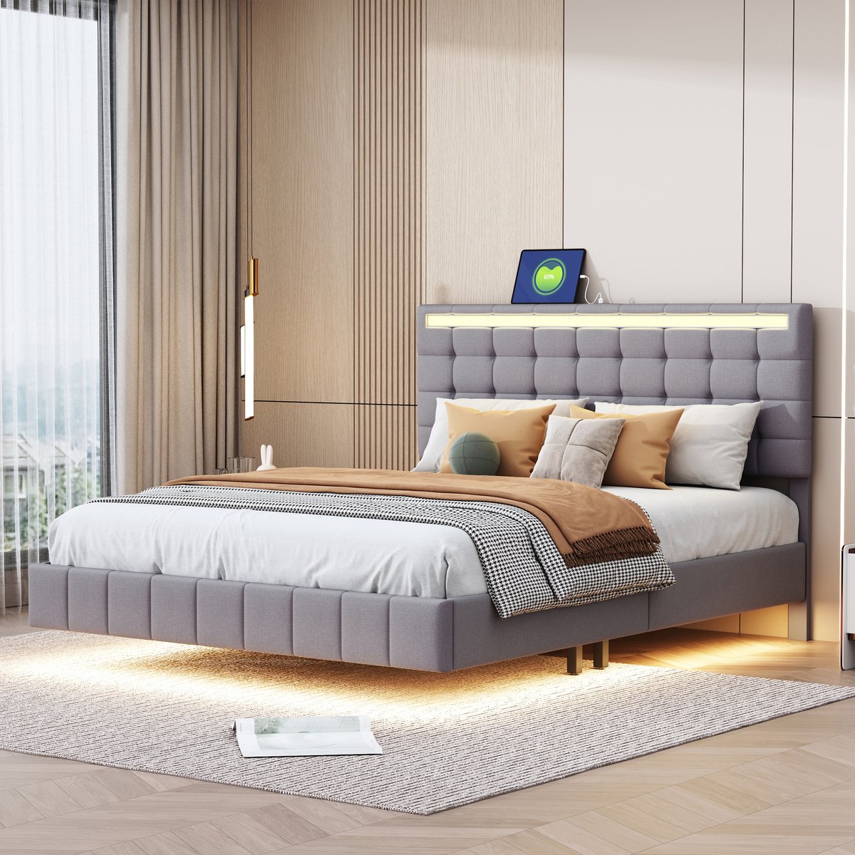 REDOM Bedframe 140x200 cm, gestoffeerd linnen, modern zwevend ontwerp met LED-verlichting, grijs