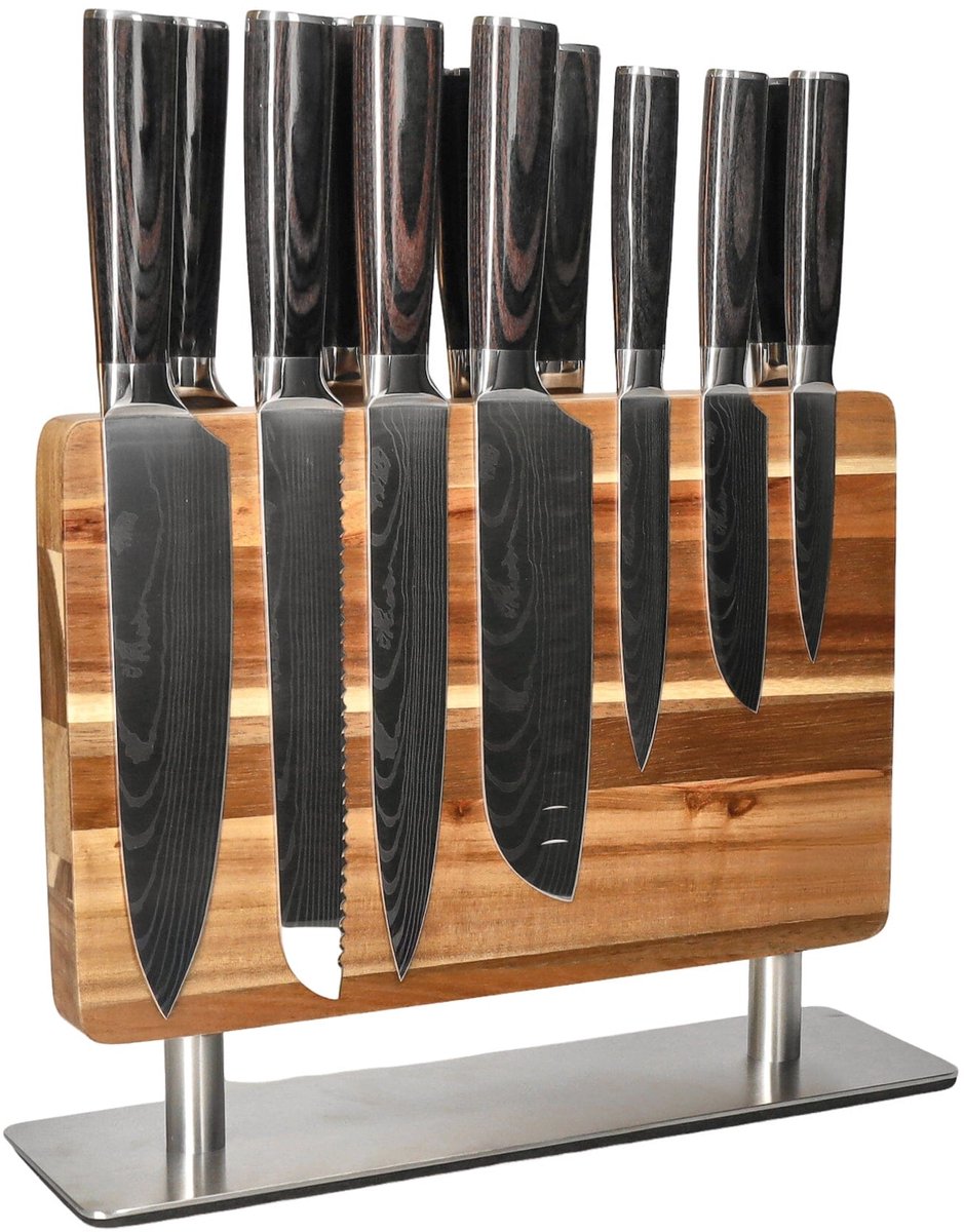 Shinrai Knives - Damascus Print 15-delige Messenset - Master collection XXL set + Blok - Koksmes - Vleesmes - Hakmes - Broodmes