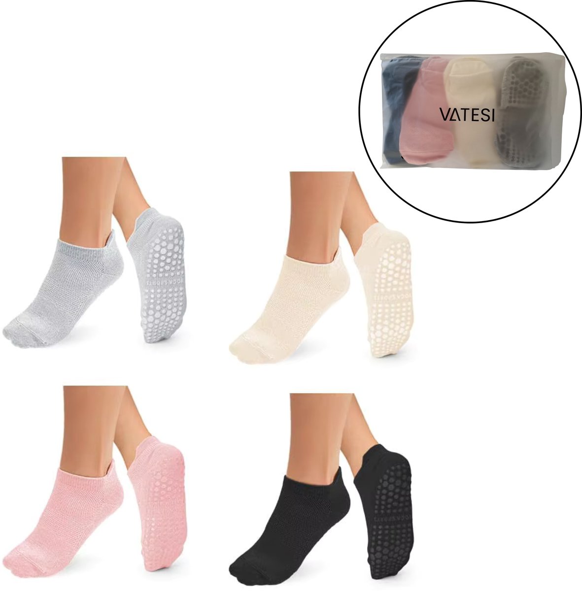 Pilates Sokken Antislip Dames - Yoga Sokken - Gripsokken voor Yoga / Pilates / Ballet - One Size - Set van 4 - Zwart, Grijs, Roze, Wit — cadeau in Sport & Outdoor - foto 7