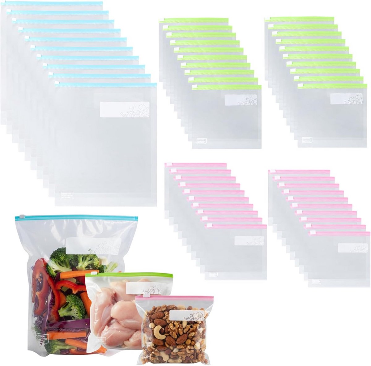 50 Herbruikbare Diepvrieszakken met Ziplock (3 Maten) voor Brood, Fruit en Vlees