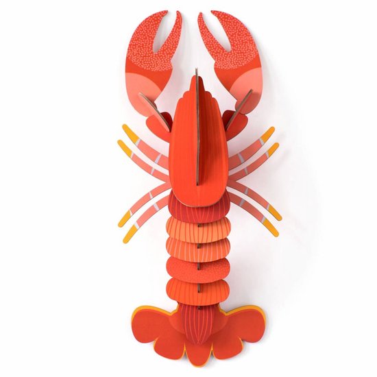 Rode papieren kreeft decoratie met oranje en roze tinten, stippen op de scharen.