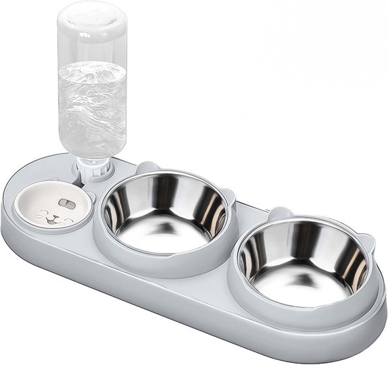 3-in-1 kattenbak, kattenvoer- en waterkom set met waterdispenser, roestvrij staal, dubbele kattenkommen, 15° kantelbaar, voor katten en kleine honden, huisdieren, afneembare voerkom