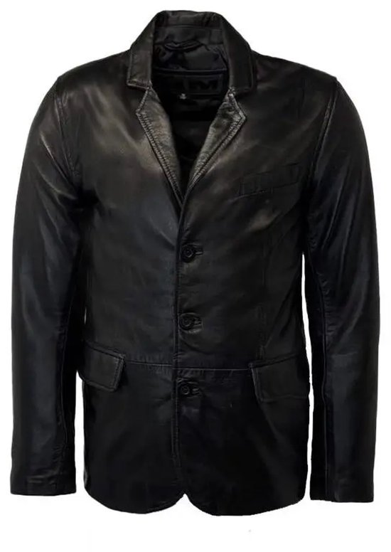 Zwarte leren blazer voor heren met drie knopen aan de voorkant en twee zakken.