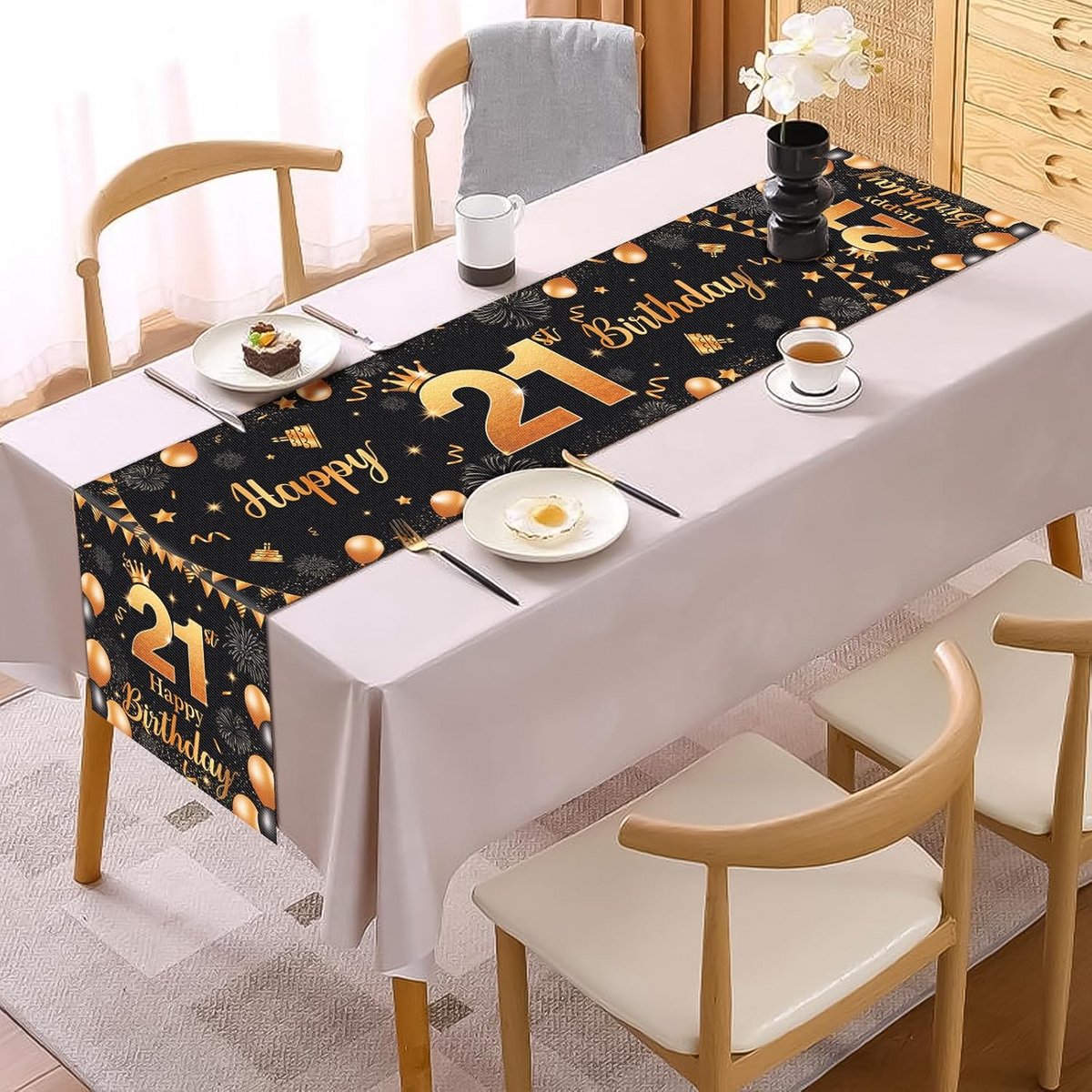Tafelloper 21e Verjaardag Zwart Goud Decoratie - 35 x 213 cm Feesttafelkleed