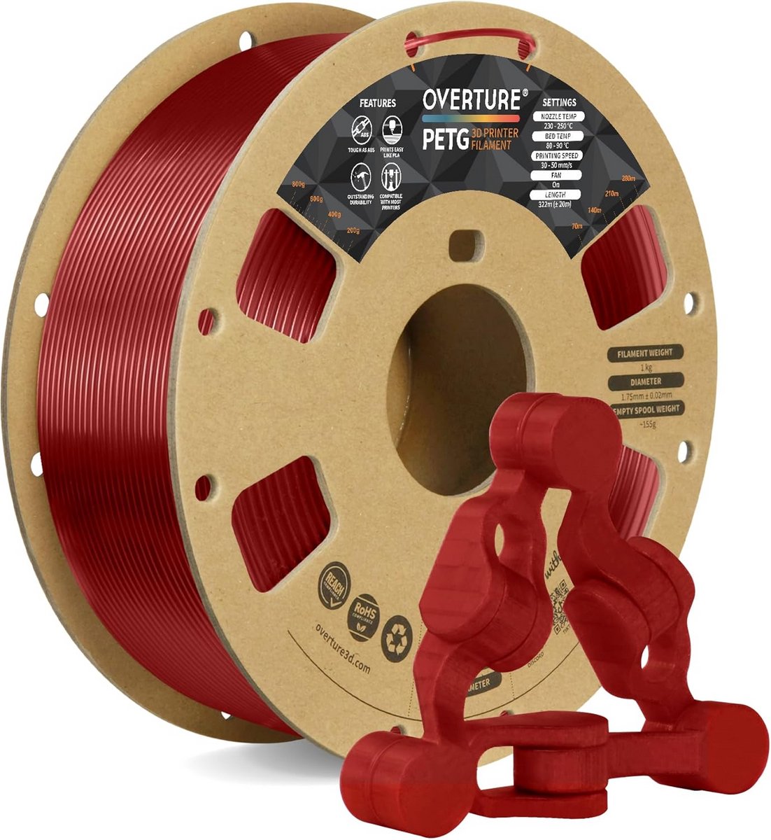 PETG 3D-printerfilament 1.75 mm 1 kg Transparant Rood - Hoge Maatnauwkeurigheid