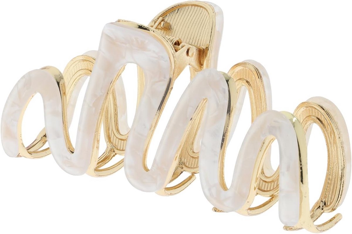 Grote Haarclip Zigzag Off-White Marmer Look met Gouden Accent - Stevige Klauwclip