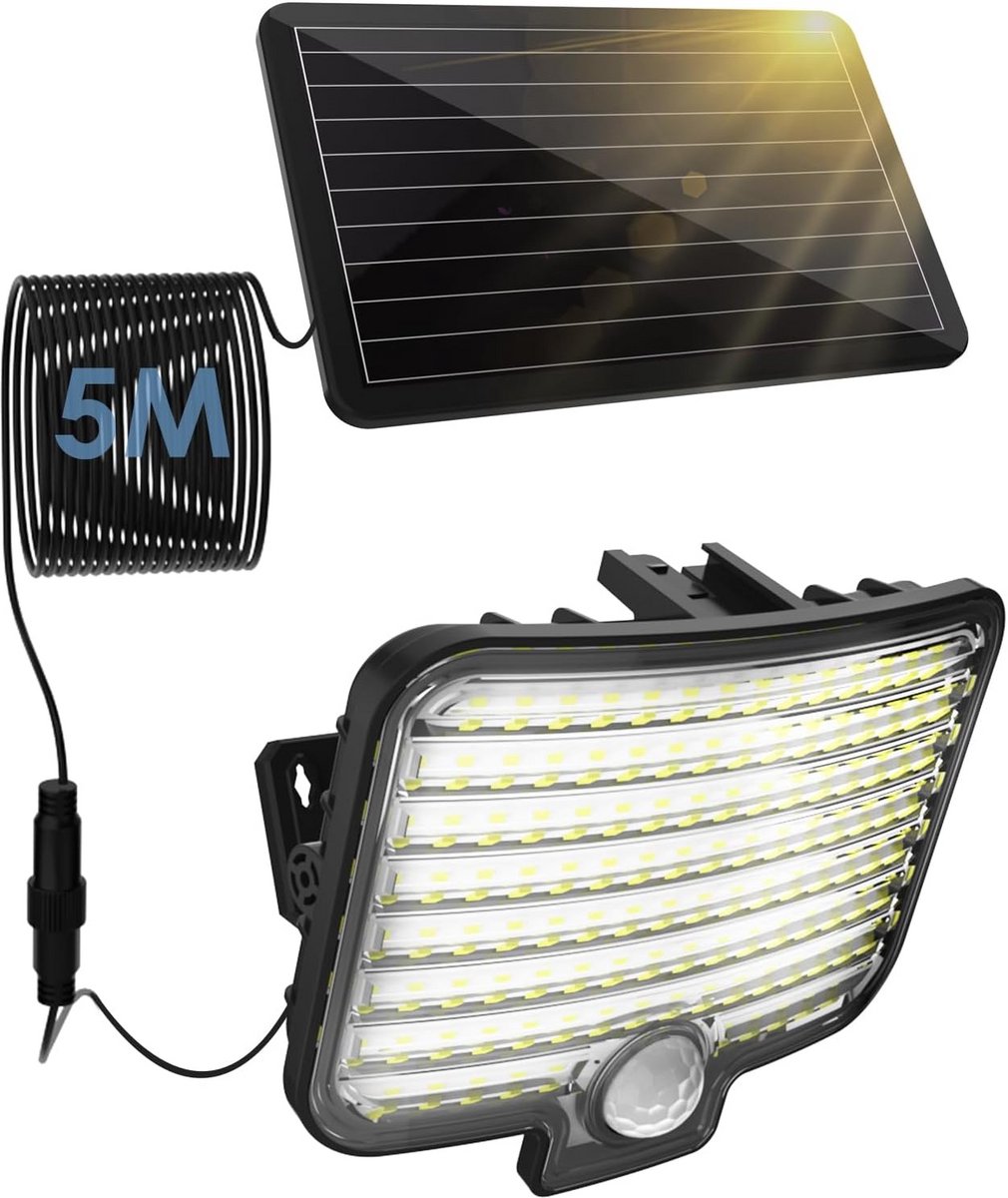 Krachtige 800LM LED Buitenlamp op Zonne-energie met Bewegingsmelder en 5m Kabel - IP65 Waterdicht