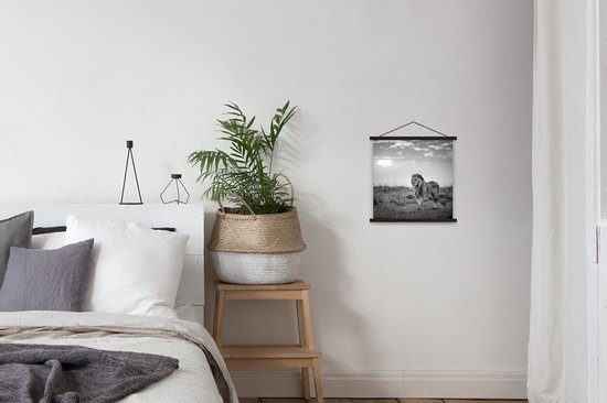 Porte-affiche avec affiche - Affiche scolaire - Lion - Coucher de soleil - Chasse - 40x40 cm - Lattes noires