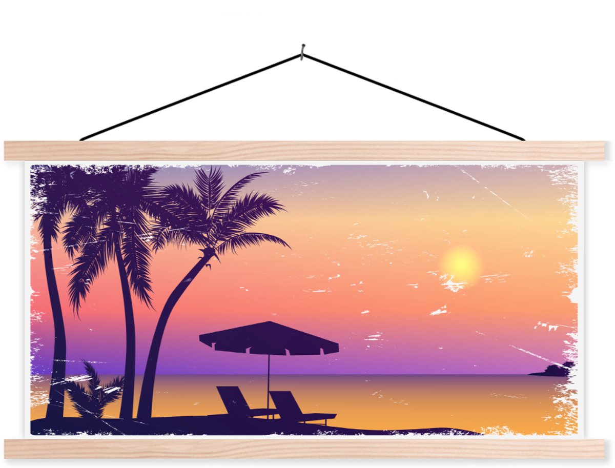 Posterhanger incl. Poster 60x30 cm - Schoolplaat - Strandstoel - Parasol - Zand - Nacht -