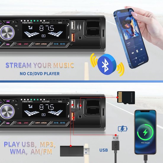 Rds Autoradio Bluetooth 5.0, Fm-Am Autoradio 1 Din 7 Couleurs Éclairage