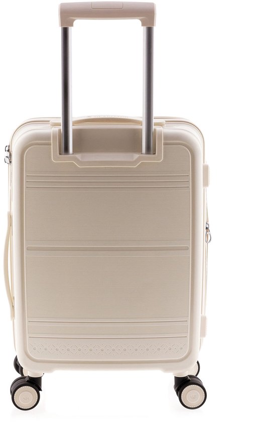 Witte koffer met horizontale ribbels en een decoratieve rand aan de onderkant.