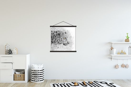 Posterhanger incl. Poster 60x60 cm - Schoolplaat - Luipaard - Geel - Waterverf - Textielposter - Zwarte latten