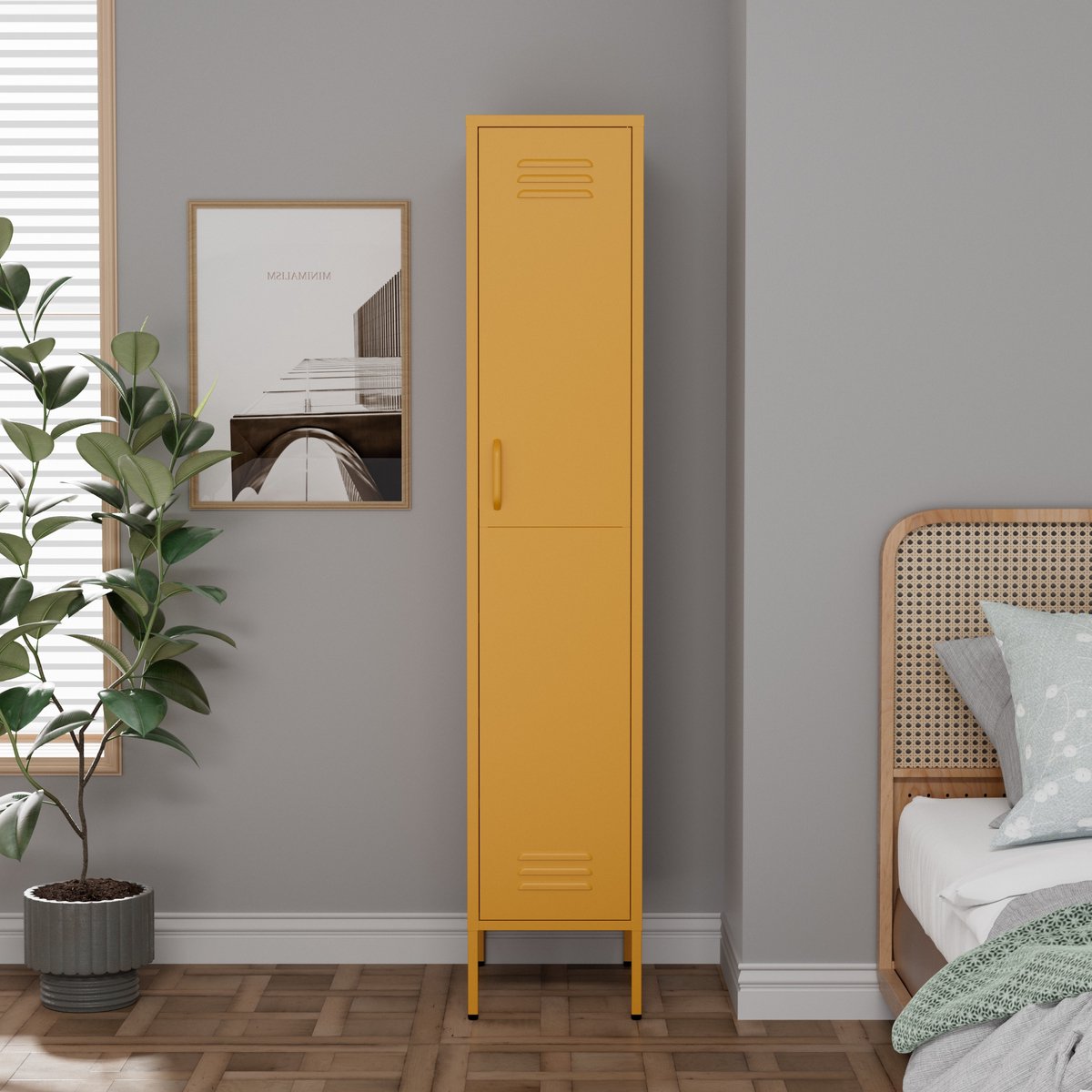 Lendo Online Lockerkast - Kledingkast - Kast met hanggedeelte - Opbergkast - Industriële kast met verstelbare planken - Archiefkast - Kantoorkast - Kluisje - 35x50x180 cm (LxBxH) - Gepoedercoat staal - Metaal - Geel