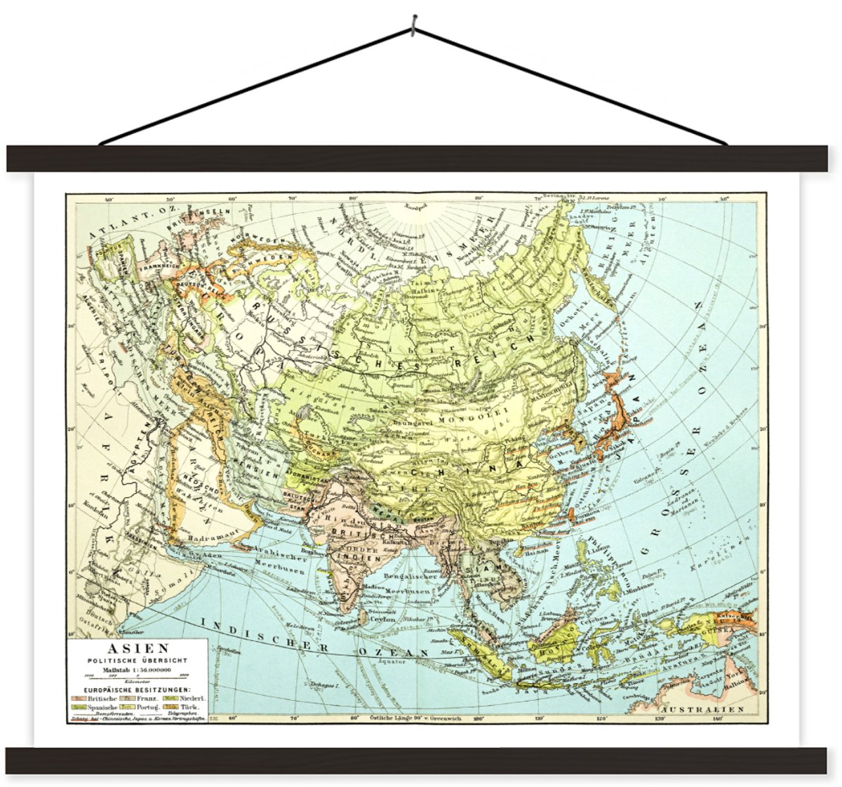 Schoolplaat - Textielposter - Klassieke wereldkaart Azië - 120x90 cm - Textiel poster