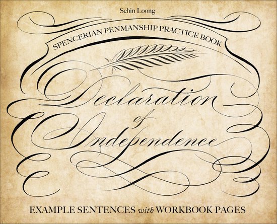 Omslag van het 'Spencerian Penmanship Practice Book' met sierlijke kalligrafie van de 'Declaration of Independence'.