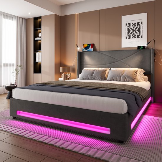 HAUSS SPOLE Lit Capitonné 160x200 cm - Rangement Hydraulique Avec LED - 2 Lampes de Lecture Et USB Et Sommier à Lattes Robuste - Velours - Sans matelas - Gris