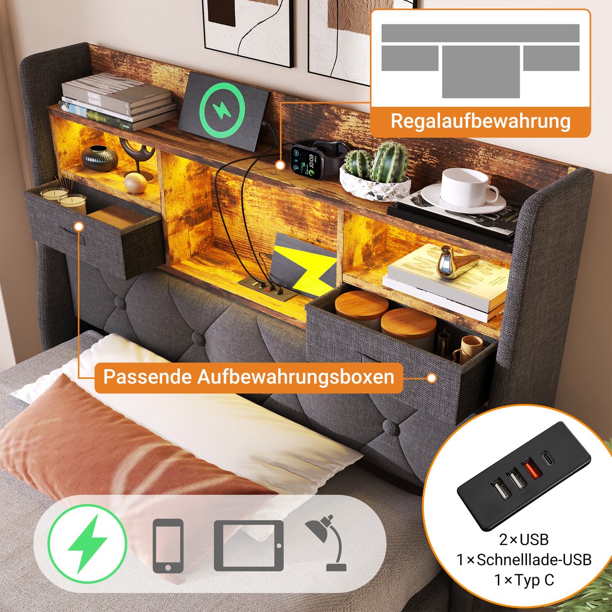 STILVORA Gestoffeerd Bed 90x200 cm – Hydraulisch Opbergbed met LED Hoofdbord – 4 Laadpoorten (3xUSB, Type-C) en Muziekmodus – Linnen – Grijs – Met Matras