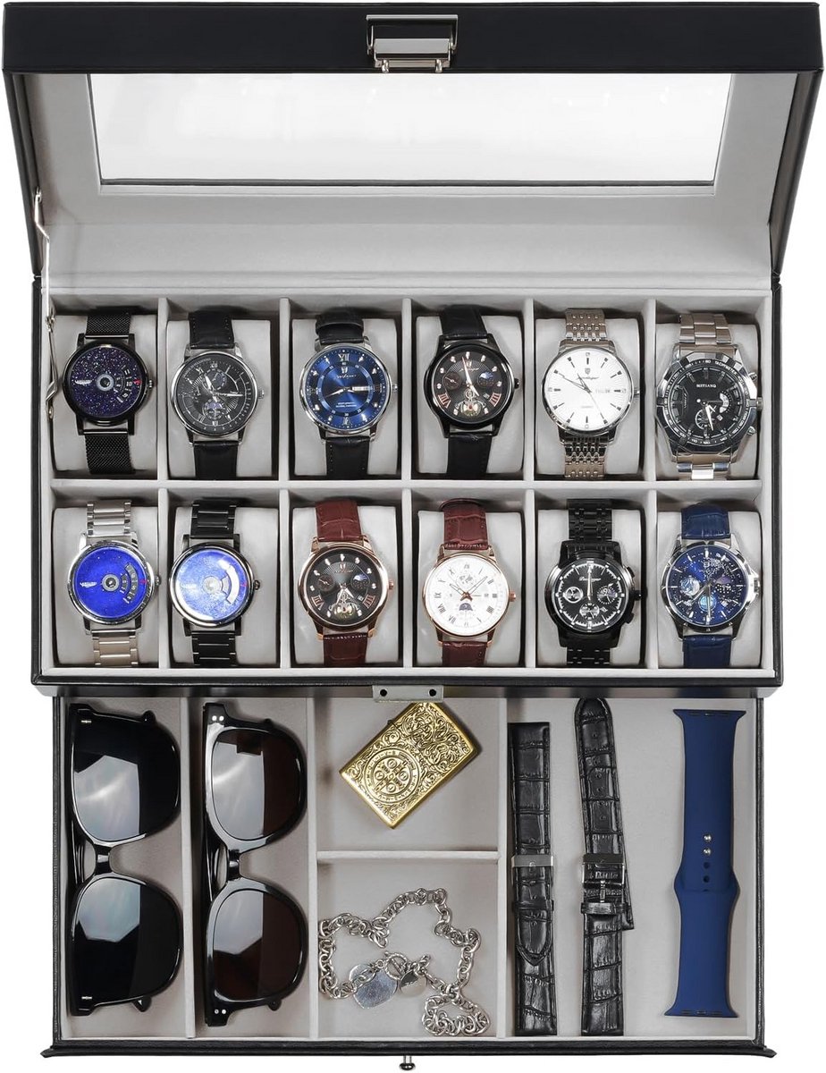 Luxe Horlogedoos met 12 Vakken en Lade - Tweekamer Horlogekist met Glazen Deksel