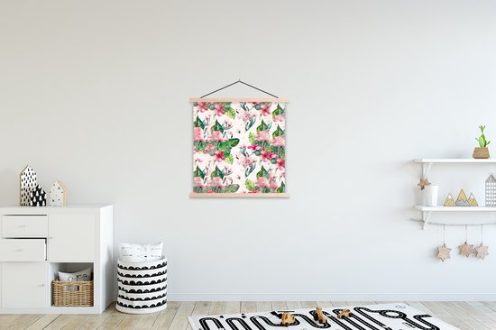 Posterhanger incl. Poster 60x60 cm - Schoolplaat - Flamingo - Bloemen - Bladeren - Krant - Textielposter - Blanke latten