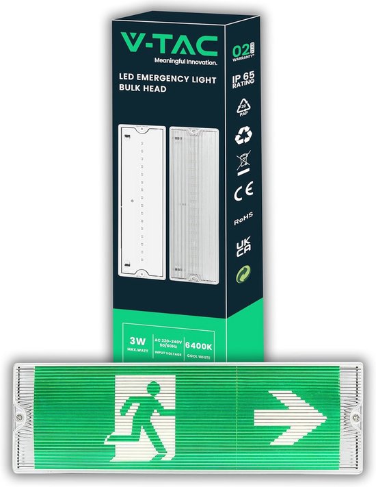 Doos voor LED noodverlichting, met afbeelding van de lamp en de tekst 'LED EMERGENCY LIGHT BULK HEAD'.