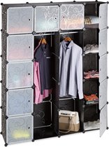 Relaxdays kledingkast kliksysteem - 14 vakken - garderobekast - hoge kast - kunststof - zwart