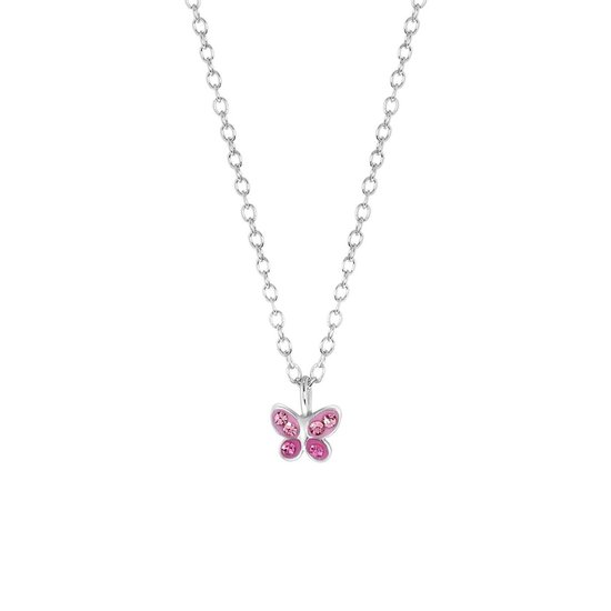 Lucardi Kinderen Ketting vlinder roze kristal - Echt Zilver - Ketting - Cadeau - 38 cm - Zilverkleurig