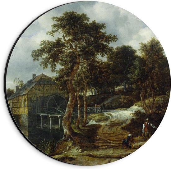 Dibond Wandcirkel - Oude Meesters - Landschap met watermolen, Jacob Isaacksz van Ruisdael - 20x20cm Foto op Aluminium Wandcirkel (met ophangsysteem)