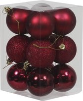 12x Donkerrode kunststof kerstballen 6 cm - Glans/mat/glitter - Onbreekbare plastic kerstballen donkerrood