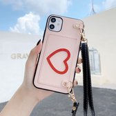 Voor iPhone 11 Pro Max hartpatroon PU + TPU + pc-hoes met kaartsleuf en schouderriem (roze)