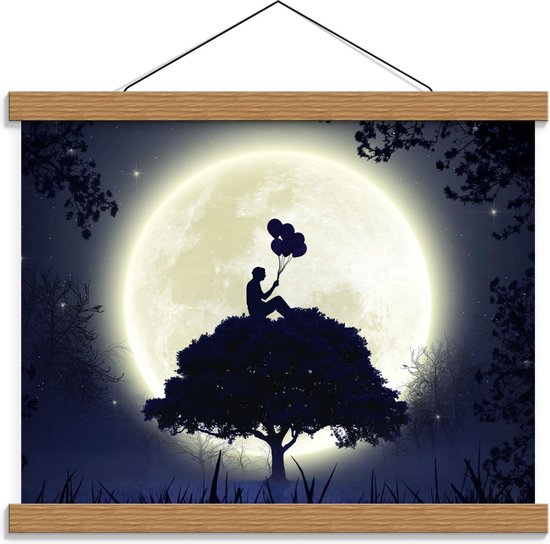 Schoolplaat – Silhouette met Balonnen in het Maanlicht - 40x30cm Foto op Textielposter (Wanddecoratie op Schoolplaat)