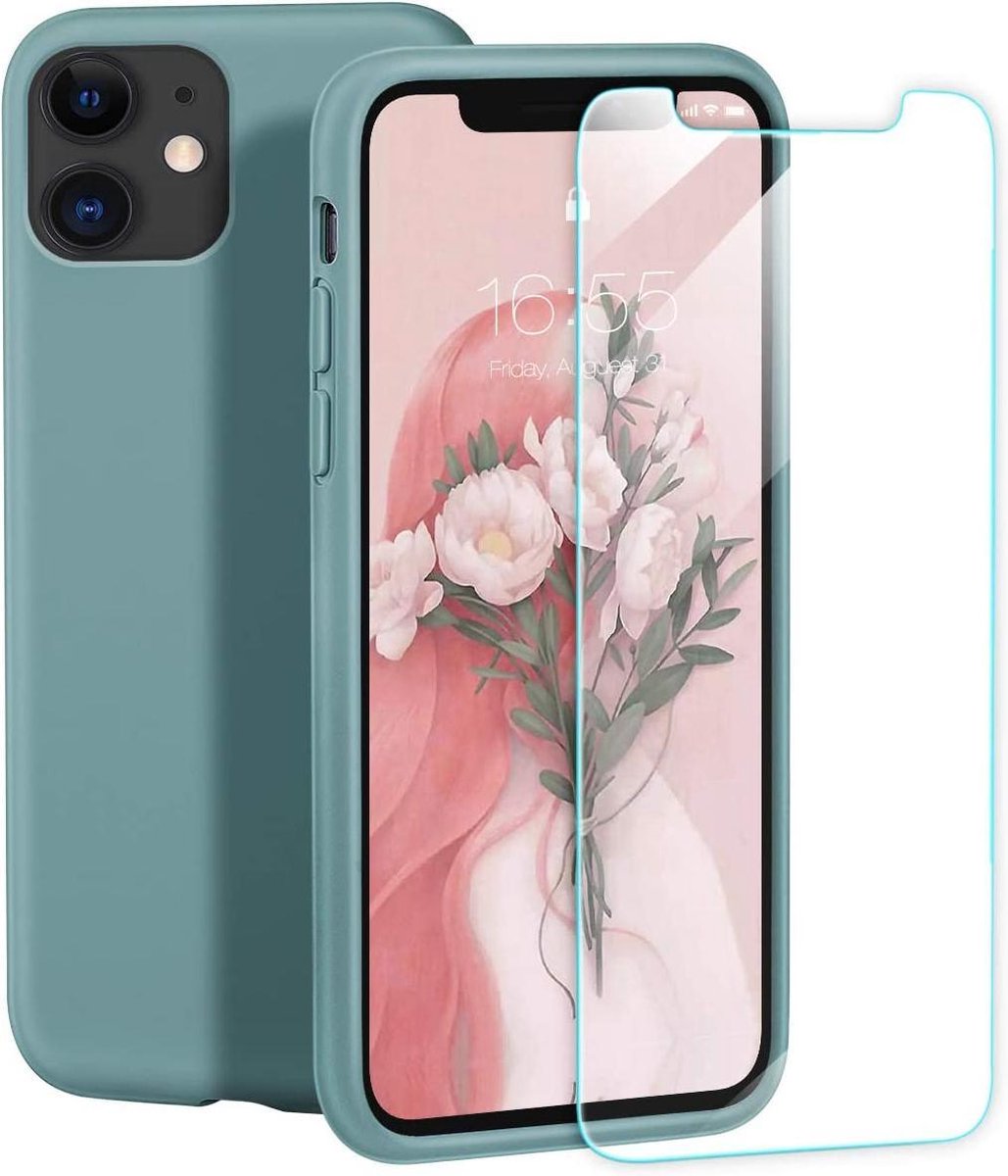 Siliconen Hoesje Backcover Pine Green + Tempered Glas Geschikt voor: iPhone 12 Pro