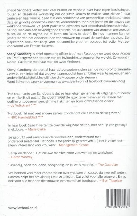 Achterkant van het boek 'Lean In' met recensies en informatie over de auteur Sheryl Sandberg.