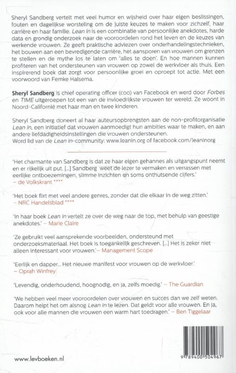 Achterkant van het boek 'Lean In' met recensies en informatie over de auteur Sheryl Sandberg.