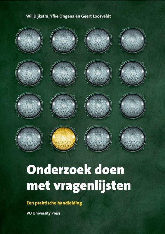 Boekomslag met 16 ronde, grijze lampen en één gouden lamp. Titel: Onderzoek doen met vragenlijsten.