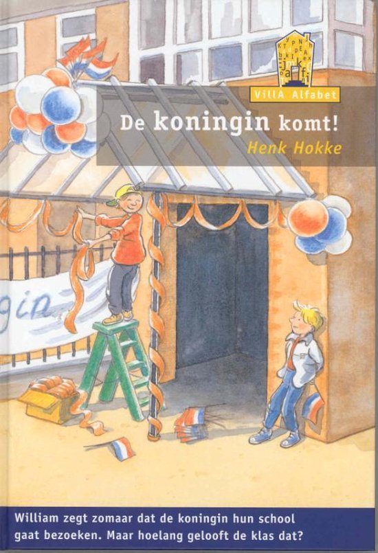 Jongen op ladder versiert school met oranje slingers, met de titel 'De koningin komt!'.