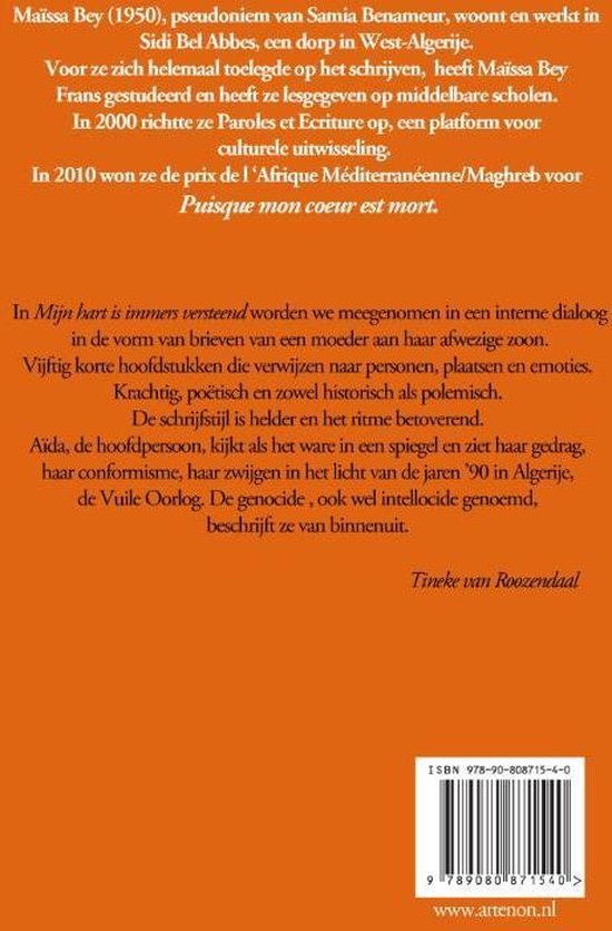 Achterkant van het boek 'Mijn hart is immers versteend' van Maïssa Bey.