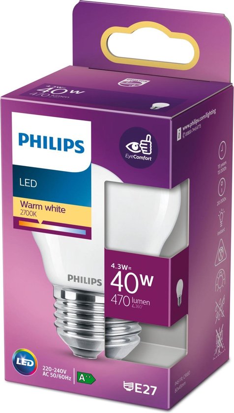 bolvormig Aquarium Geleidbaarheid Philips LED lamp E27 Monochroom Lichtbron - Warm wit - 4,3W = 40W - Ø 4,5  cm - 1 stuk | bol.com