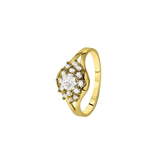 Lucardi Dames Ring met zirkonia bloem - Ring - Cadeau - 9 Karaat - Geelgoud
