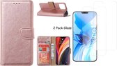 iPhone 12 Mini hoesje - bookcase / wallet cover portemonnee Bookcase Rose Goud + 2x tempered glass / Screenprotector