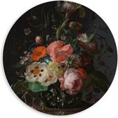 Forex Wandcirkel - Oude meesters - Stilleven: bloemen op marmeren tafel, Rachel Ruysch - 60x60cm Foto op Wandcirkel (met ophangsysteem)