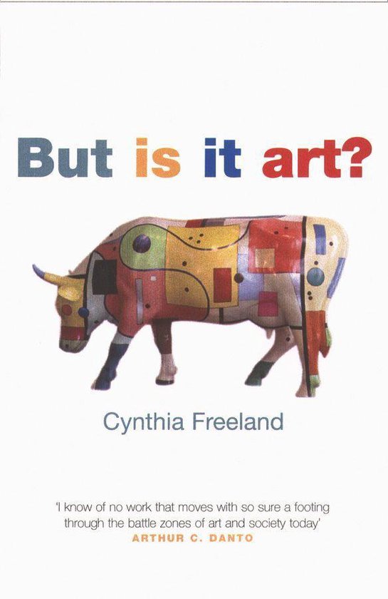 Boekcover met de titel "But is it art?" en een kleurrijke koe in geometrische patronen.
