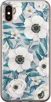 iPhone X/XS hoesje siliconen - Witte bloemen - Soft Case Telefoonhoesje - Bloemen - Transparant, Blauw