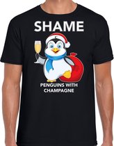 Pinguin Kerstshirt / Kerst t-shirt Shame penguins with champagne zwart voor heren - Kerstkleding / Christmas outfit M