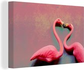 Canvas Schilderij Twee flamingo's kussen elkaar - 30x20 cm - Wanddecoratie